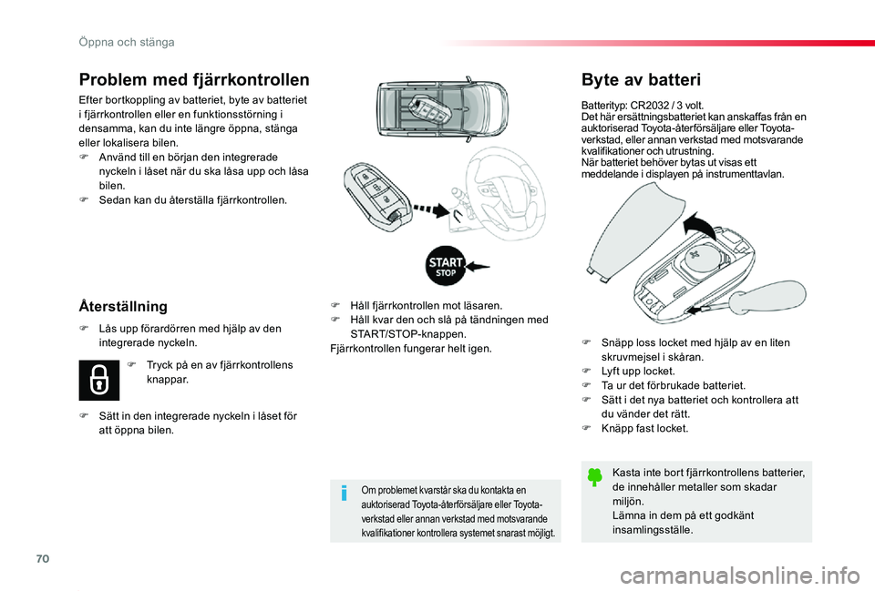 TOYOTA PROACE 2020 Bruksanvisningar (in Swedish) 70
Proace_sv_Chap02_ouvertures_ed01-2019
Byte av batteri
Batterityp: CR2032 / 3 volt.Det här ersättningsbatteriet kan anskaffas från en auktoriserad Toyota-återförsäljare eller Toyota-verkstad, TOYOTA PROACE 2020 Bruksanvisningar (in Swedish) 70
Proace_sv_Chap02_ouvertures_ed01-2019
Byte av batteri
Batterityp: CR2032 / 3 volt.Det här ersättningsbatteriet kan anskaffas från en auktoriserad Toyota-återförsäljare eller Toyota-verkstad,