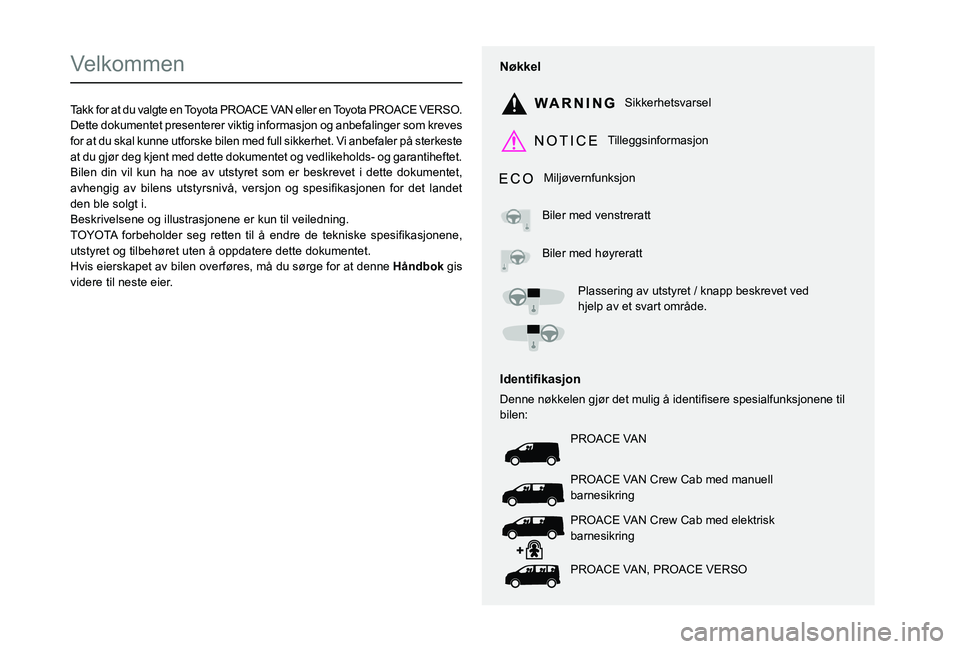 TOYOTA PROACE 2021  Instruksjoner for bruk (in Norwegian)  
  
 
  
 
  
  
  
  
   
   
 
  
   
   
   
Velkommen
Takk for at du valgte en Toyota PROACE VAN eller en Toyota PROACE VERSO.Dette dokumentet presenterer viktig informasjon og anbefalinger som k