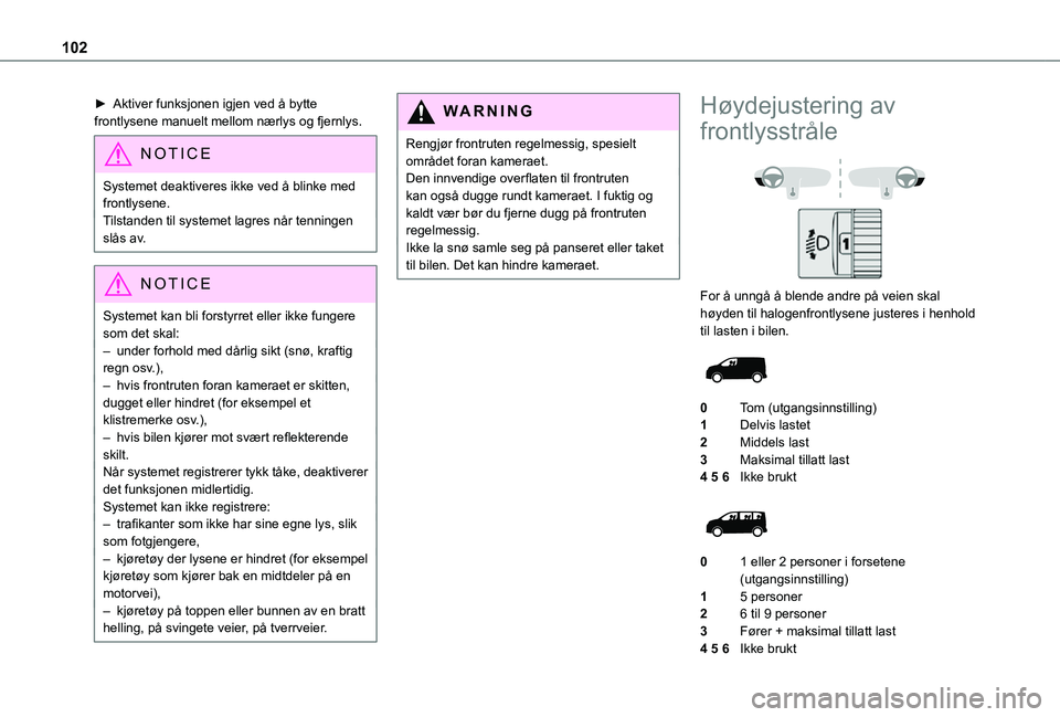 TOYOTA PROACE 2021 Instruksjoner for bruk (in Norwegian) 102
► Aktiver funksjonen igjen ved å bytte frontlysene manuelt mellom nærlys og fjernlys.
NOTIC E
Systemet deaktiveres ikke ved å blinke med frontlysene.Tilstanden til systemet lagres når tennin TOYOTA PROACE 2021 Instruksjoner for bruk (in Norwegian) 102
► Aktiver funksjonen igjen ved å bytte frontlysene manuelt mellom nærlys og fjernlys.
NOTIC E
Systemet deaktiveres ikke ved å blinke med frontlysene.Tilstanden til systemet lagres når tennin