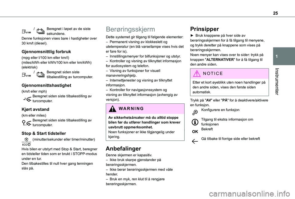 TOYOTA PROACE 2021  Instruksjoner for bruk (in Norwegian) 25
Instrumenter
1
 / Beregnet i løpet av de siste sekundene.Denne funksjonen vises bare i hastigheter over 30 km/t (diesel).
Gjennomsnittlig forbruk
(mpg eller l/100 km eller km/l)(miles/kWh eller kW