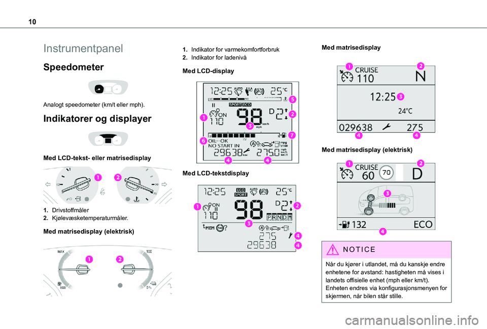 TOYOTA PROACE 2021  Instruksjoner for bruk (in Norwegian) 10
Instrumentpanel
Speedometer 
 
Analogt speedometer (km/t eller mph).
Indikatorer og displayer 
 
Med LCD-tekst- eller matrisedisplay 
 
1.Drivstoffmåler
2.Kjølevæsketemperaturmåler.
Med matrise