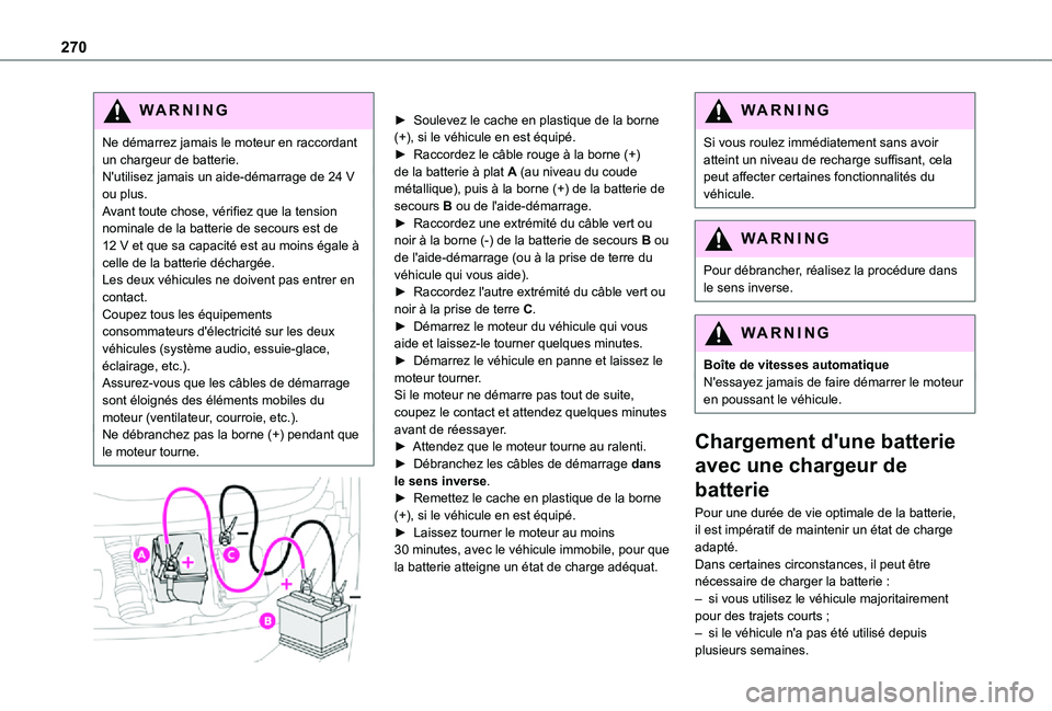 TOYOTA PROACE 2021 Notices Demploi (in French) 270
WARNI NG
Ne démarrez jamais le moteur en raccordant un chargeur de batterie.N'utilisez jamais un aide-démarrage de 24 V ou plus.Avant toute chose, vérifiez que la tension nominale de la bat TOYOTA PROACE 2021 Notices Demploi (in French) 270
WARNI NG
Ne démarrez jamais le moteur en raccordant un chargeur de batterie.N'utilisez jamais un aide-démarrage de 24 V ou plus.Avant toute chose, vérifiez que la tension nominale de la bat