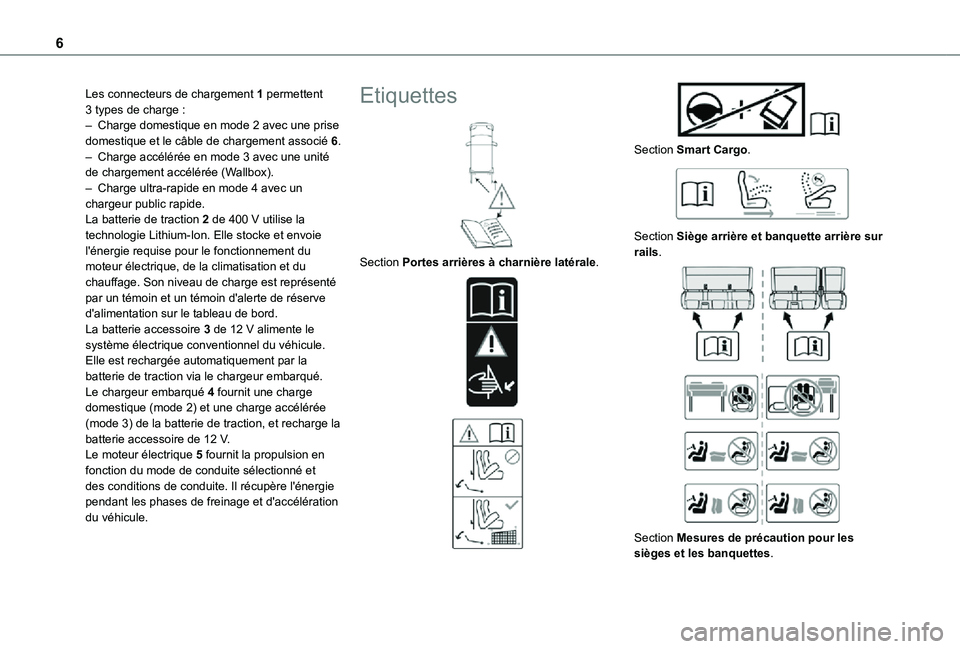 TOYOTA PROACE 2021  Notices Demploi (in French) 6
Les connecteurs de chargement 1 permettent 3 types de charge :– Charge domestique en mode 2 avec une prise domestique et le câble de chargement associé 6.– Charge accélérée en mode 3 avec u