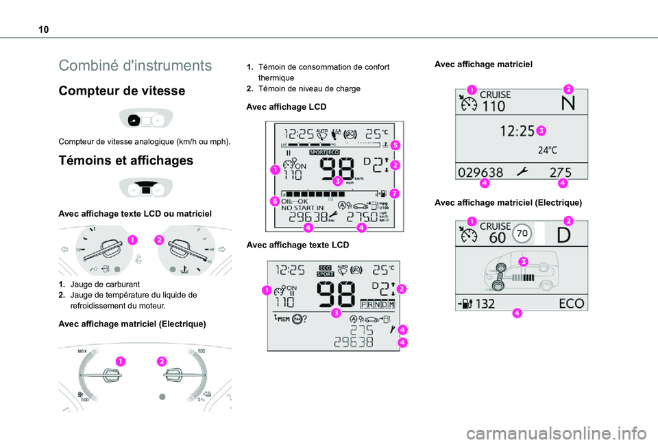 TOYOTA PROACE 2021  Notices Demploi (in French) 10
Combiné d'instruments
Compteur de vitesse 
 
Compteur de vitesse analogique (km/h ou mph).
Témoins et affichages 
 
Avec affichage texte LCD ou matriciel 
 
1.Jauge de carburant
2.Jauge de te