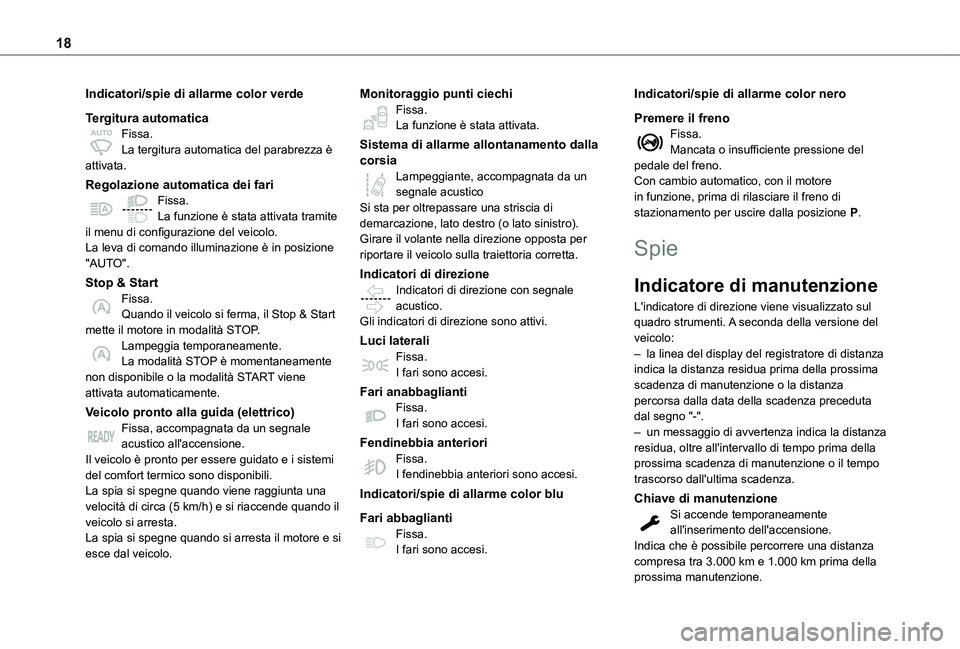 TOYOTA PROACE 2021  Manuale duso (in Italian) 18
Indicatori/spie di allarme color verde
Tergitura automaticaFissa.La tergitura automatica del parabrezza è attivata.
Regolazione automatica dei fariFissa.La funzione è stata attivata tramite il me