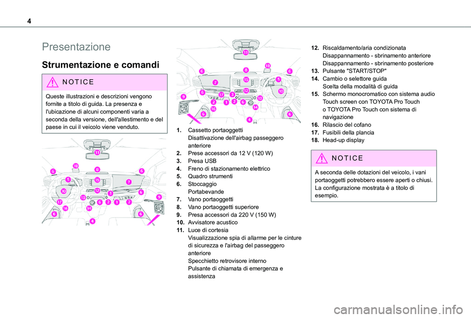 TOYOTA PROACE 2021  Manuale duso (in Italian) 4
Presentazione
Strumentazione e comandi
NOTIC E
Queste illustrazioni e descrizioni vengono fornite a titolo di guida. La presenza e l'ubicazione di alcuni componenti varia a 
seconda della versio