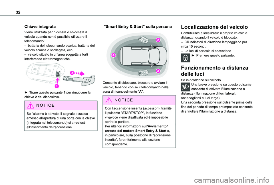 TOYOTA PROACE 2021  Manuale duso (in Italian) 32
Chiave integrata
Viene utilizzata per bloccare o sbloccare il veicolo quando non è possibile utilizzare il telecomando:– batteria del telecomando scarica, batteria del veicolo scarica o scollega