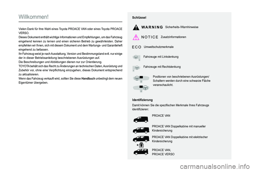 TOYOTA PROACE 2021  Betriebsanleitungen (in German)  
  
 
  
 
  
  
  
  
   
   
 
  
   
   
   
Willkommen!
Vielen Dank für Ihre Wahl eines Toyota PROACE VAN oder eines Toyota PROACE VERSO.Dieses Dokument enthält wichtige Informationen und Empfe