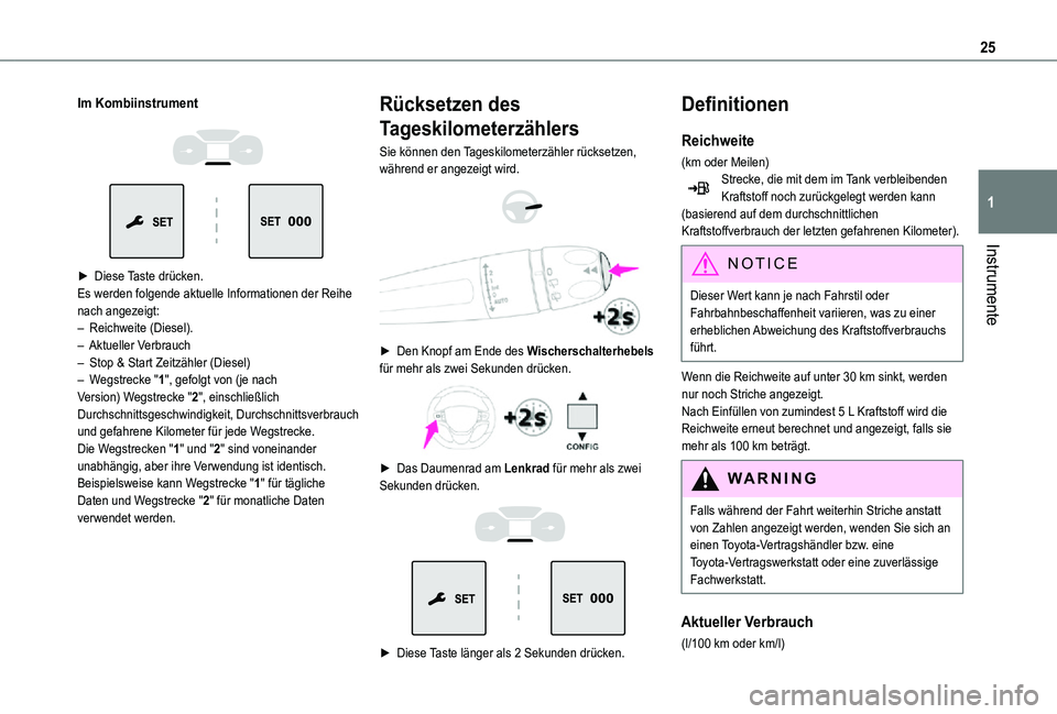 TOYOTA PROACE 2021 Betriebsanleitungen (in German) 25
Instrumente
1
Im Kombiinstrument
► Diese Taste drücken.Es werden folgende aktuelle Informationen der Reihe nach angezeigt:– Reichweite (Diesel).– Aktueller Verbrauch– Stop & Start Z TOYOTA PROACE 2021 Betriebsanleitungen (in German) 25
Instrumente
1
Im Kombiinstrument
► Diese Taste drücken.Es werden folgende aktuelle Informationen der Reihe nach angezeigt:– Reichweite (Diesel).– Aktueller Verbrauch– Stop & Start Z