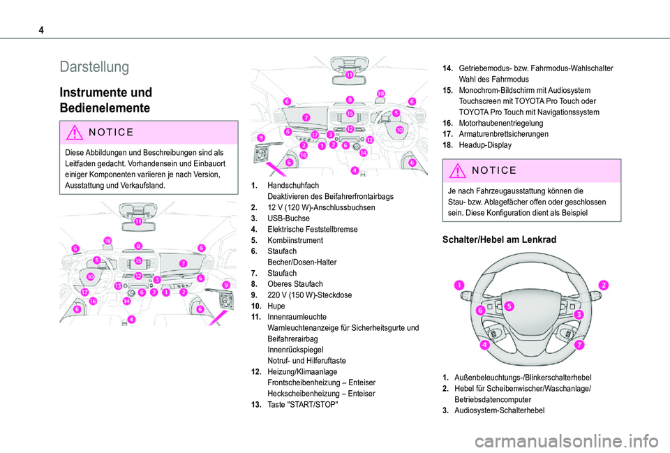 TOYOTA PROACE 2021  Betriebsanleitungen (in German) 4
Darstellung
Instrumente und 
Bedienelemente
NOTIC E
Diese Abbildungen und Beschreibungen sind als Leitfaden gedacht. Vorhandensein und Einbauort 
einiger Komponenten variieren je nach Version, Ausst
