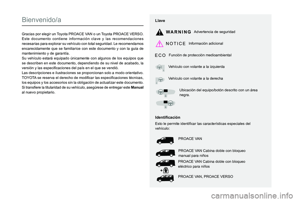 TOYOTA PROACE 2021  Manuale de Empleo (in Spanish)  
  
 
  
 
  
  
  
  
   
   
 
  
   
   
   
Bienvenido/a
Gracias por elegir un Toyota PROACE VAN o un Toyota PROACE VERSO.Este documento contiene información clave y las recomendaciones necesari