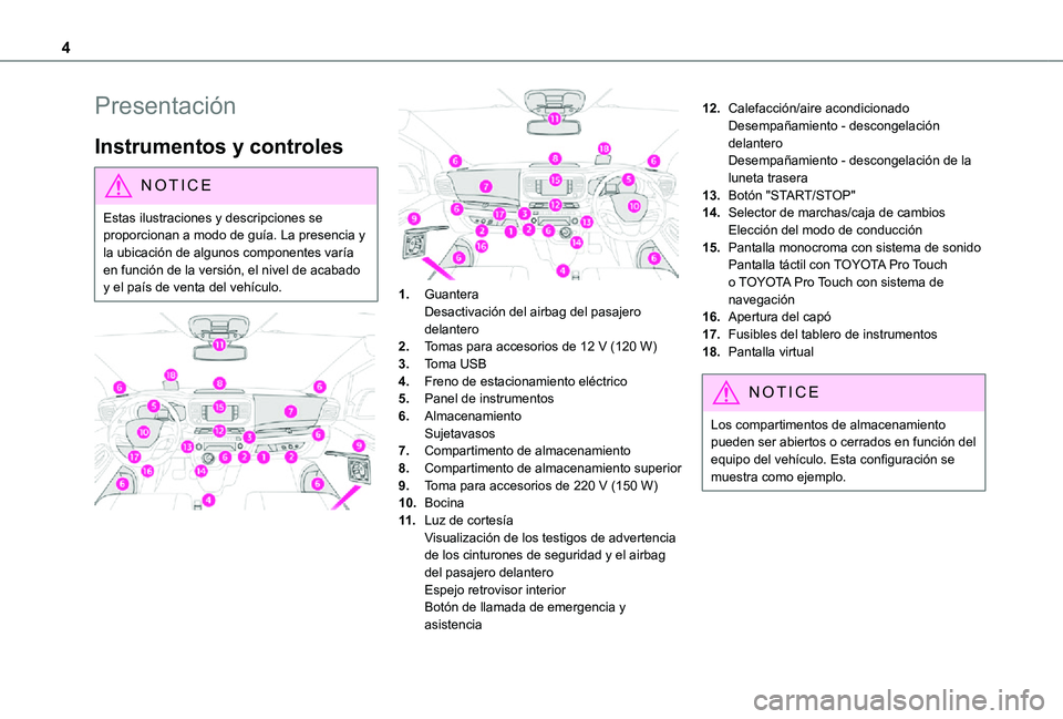 TOYOTA PROACE 2021  Manuale de Empleo (in Spanish) 4
Presentación
Instrumentos y controles
NOTIC E
Estas ilustraciones y descripciones se proporcionan a modo de guía. La presencia y la ubicación de algunos componentes varía 
en función de la vers