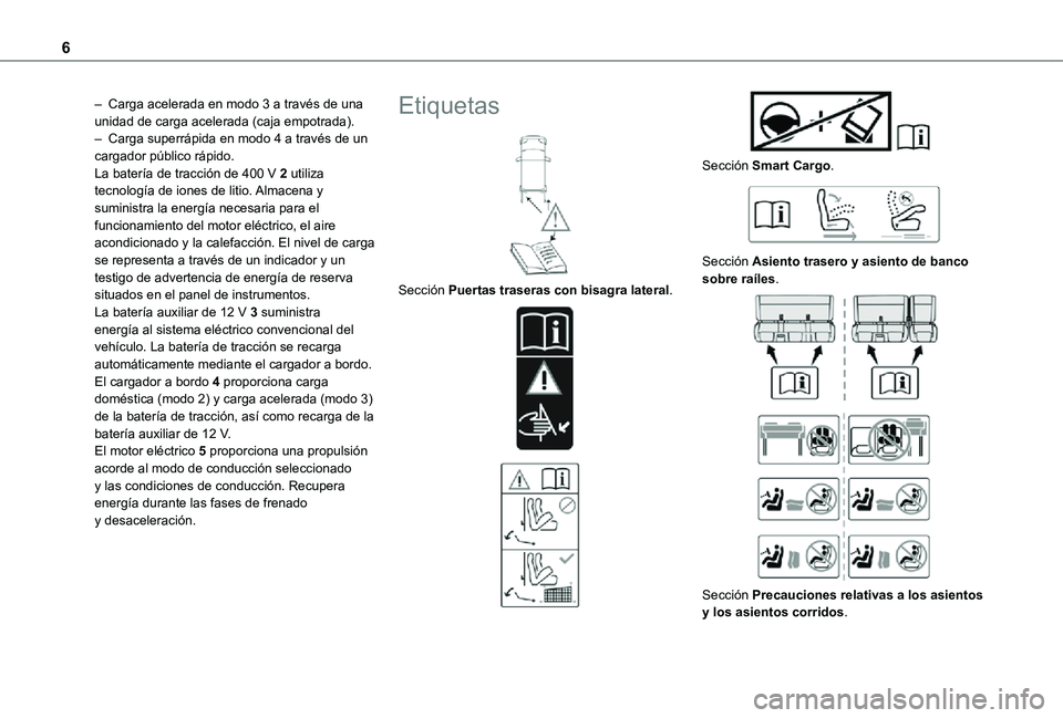 TOYOTA PROACE 2021  Manuale de Empleo (in Spanish) 6
– Carga acelerada en modo 3 a través de una unidad de carga acelerada (caja empotrada).– Carga superrápida en modo 4 a través de un cargador público rápido.La batería de tracción de 400 V