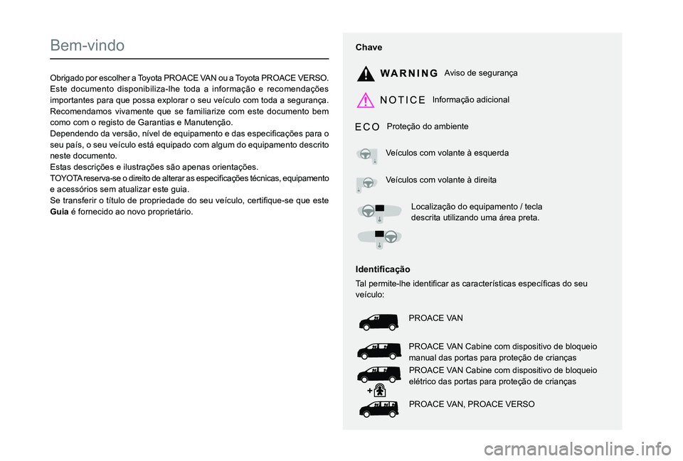 TOYOTA PROACE 2021  Manual de utilização (in Portuguese)  
  
 
  
 
  
  
  
  
   
   
 
  
   
   
   
Bem-vindo
Obrigado por escolher a Toyota PROACE VAN ou a Toyota PROACE VERSO.Este documento disponibiliza-lhe toda a informação e recomendações imp