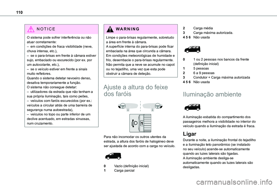 TOYOTA PROACE 2021 Manual de utilização (in Portuguese) 11 0
NOTIC E
O sistema pode sofrer interferência ou não atuar corretamente:– em condições de fraca visibilidade (neve, chuva intensa, etc.),– se o para-brisas em frente à câmara estiver sujo TOYOTA PROACE 2021 Manual de utilização (in Portuguese) 11 0
NOTIC E
O sistema pode sofrer interferência ou não atuar corretamente:– em condições de fraca visibilidade (neve, chuva intensa, etc.),– se o para-brisas em frente à câmara estiver sujo