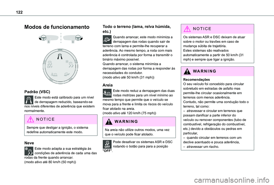 TOYOTA PROACE 2021 Manual de utilização (in Portuguese) 122
Modos de funcionamento
Padrão (VSC)
Este modo está calibrado para um nível de derrapagem reduzido, baseando-se nos níveis diferentes de aderência que existem normalmente.
NOTIC E
Sempre TOYOTA PROACE 2021 Manual de utilização (in Portuguese) 122
Modos de funcionamento
Padrão (VSC)
Este modo está calibrado para um nível de derrapagem reduzido, baseando-se nos níveis diferentes de aderência que existem normalmente.
NOTIC E
Sempre