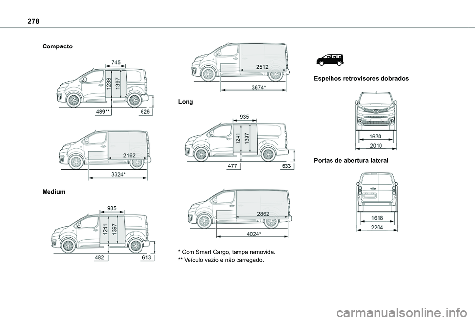 TOYOTA PROACE 2021  Manual de utilização (in Portuguese) 278
Compacto 
  
 
Medium 
  
 
Long 
  
 
* Com Smart Cargo, tampa removida.** Veículo vazio e não carregado.
 
 
Espelhos retrovisores dobrados 
 
Portas de abertura lateral 
    