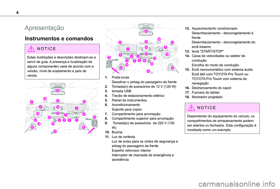 TOYOTA PROACE 2021  Manual de utilização (in Portuguese) 4
Apresentação
Instrumentos e comandos
NOTIC E
Estas ilustrações e descrições destinam-se a servir de guia. A presença e localização de alguns componentes varia de acordo com a 
versão, nív