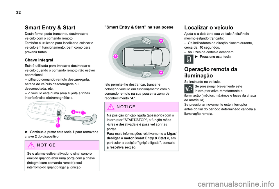 TOYOTA PROACE 2021  Manual de utilização (in Portuguese) 32
Smart Entry & Start
Desta forma pode trancar ou destrancar o veículo com o comando remoto.Também é utilizado para localizar e colocar o veículo em funcionamento, bem como para prevenir furtos.
