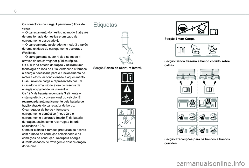 TOYOTA PROACE 2021  Manual de utilização (in Portuguese) 6
Os conectores de carga 1 permitem 3 tipos de carga:– O carregamento doméstico no modo 2 através de uma tomada doméstica e um cabo de carregamento associado 6.– O carregamento acelerado no mod