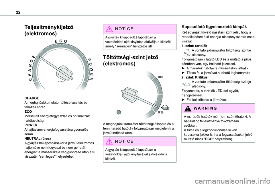 TOYOTA PROACE 2021  Kezelési útmutató (in Hungarian) 22
Teljesítménykijelző 
(elektromos) 
 
CHARGEA meghajtóakkumulátor töltése lassítás és fékezés során.ECOMérsékelt energiafogyasztás és optimalizált hatótávolság.POWERA hajtáslá
