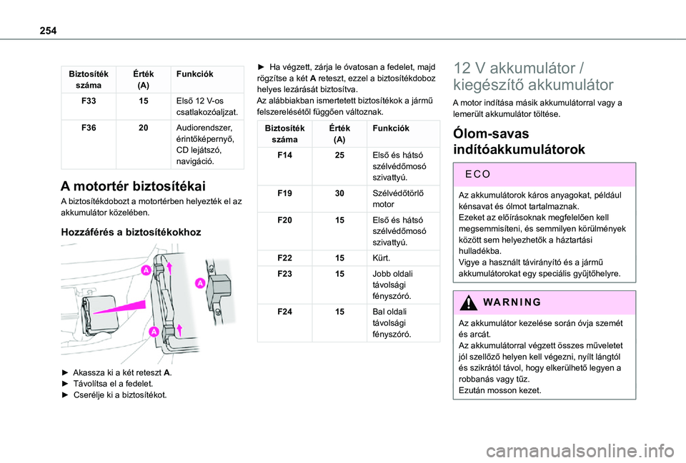TOYOTA PROACE 2021  Kezelési útmutató (in Hungarian) 254
Biztosíték számaÉrték(A)Funkciók
F3315Első 12 V-os csatlakozóaljzat.
F3620Audiorendszer, érintőképernyő, CD lejátszó, navigáció.
A motortér biztosítékai
A biztosítékdobozt a m