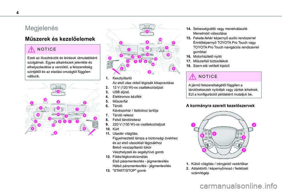 TOYOTA PROACE 2021  Kezelési útmutató (in Hungarian) 4
Megjelenés
Műszerek és kezelőelemek
NOTIC E
Ezek az illusztrációk és leírások útmutatóként szolgálnak. Egyes alkatrészek jelenléte és elhelyezkedése a verziótól, a felszereltség 