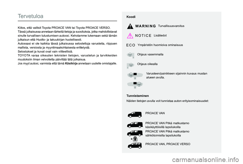 TOYOTA PROACE 2021  Omistajan Käsikirja (in Finnish)  
  
 
  
 
  
  
  
  
   
   
 
  
   
   
   
Tervetuloa
Kiitos, että valitsit Toyota PROACE VAN tai Toyota PROACE VERSO.Tässä julkaisussa annetaan tärkeitä tietoja ja suosituksia, jotka mahdo