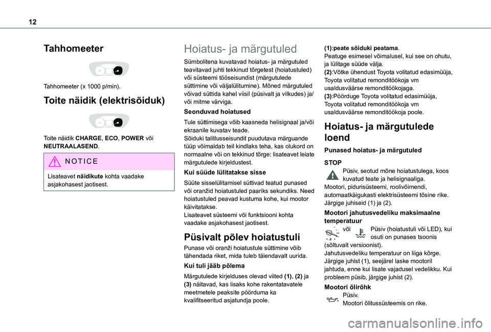 TOYOTA PROACE 2021 Kasutusjuhend (in Estonian) 12
Tahhomeeter
Tahhomeeter (x 1000 p/min).
Toite näidik (elektrisõiduk)
Toite näidik CHARGE, ECO, POWER või NEUTRAALASEND.
NOTIC E
Lisateavet näidikute kohta vaadake asjakohasest jaotisest. TOYOTA PROACE 2021 Kasutusjuhend (in Estonian) 12
Tahhomeeter
Tahhomeeter (x 1000 p/min).
Toite näidik (elektrisõiduk)
Toite näidik CHARGE, ECO, POWER või NEUTRAALASEND.
NOTIC E
Lisateavet näidikute kohta vaadake asjakohasest jaotisest.