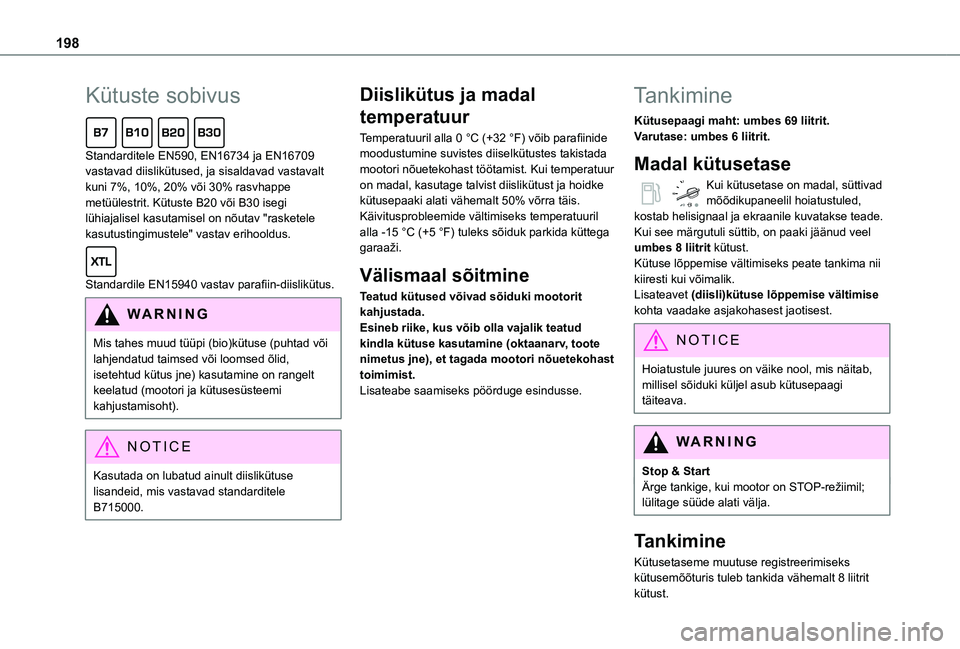 TOYOTA PROACE 2021 Kasutusjuhend (in Estonian) 198
Kütuste sobivus
Standarditele EN590, EN16734 ja EN16709 vastavad diislikütused, ja sisaldavad vastavalt kuni 7%, 10%, 20% või 30% rasvhappe metüülestrit. Kütuste B20 või B30 isegi lühiaj TOYOTA PROACE 2021 Kasutusjuhend (in Estonian) 198
Kütuste sobivus
Standarditele EN590, EN16734 ja EN16709 vastavad diislikütused, ja sisaldavad vastavalt kuni 7%, 10%, 20% või 30% rasvhappe metüülestrit. Kütuste B20 või B30 isegi lühiaj