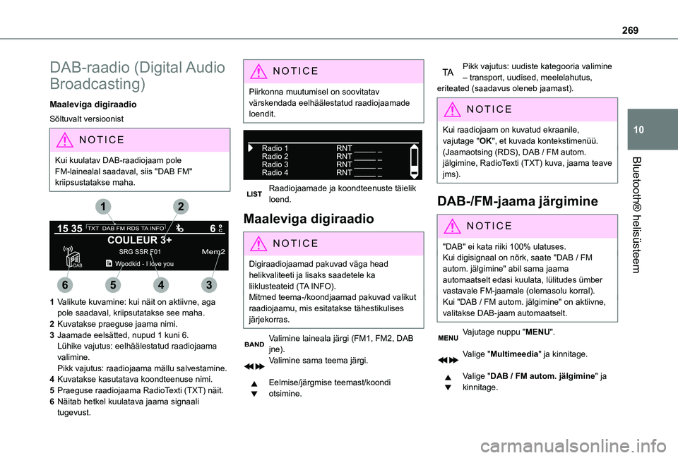 TOYOTA PROACE 2021 Kasutusjuhend (in Estonian) 269
Bluetooth® helisüsteem
10
DAB-raadio (Digital Audio
Broadcasting)
Maaleviga digiraadio
Sõltuvalt versioonist
NOTIC E
Kui kuulatav DAB-raadiojaam pole FM-lainealal saadaval, siis "DAB FM TOYOTA PROACE 2021 Kasutusjuhend (in Estonian) 269
Bluetooth® helisüsteem
10
DAB-raadio (Digital Audio
Broadcasting)
Maaleviga digiraadio
Sõltuvalt versioonist
NOTIC E
Kui kuulatav DAB-raadiojaam pole FM-lainealal saadaval, siis "DAB FM