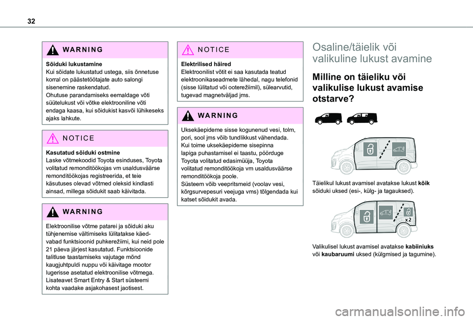 TOYOTA PROACE 2021 Kasutusjuhend (in Estonian) 32
WARNI NG
Sõiduki lukustamineKui sõidate lukustatud ustega, siis õnnetuse korral on päästetöötajate auto salongi sisenemine raskendatud.Ohutuse parandamiseks eemaldage võti süütelukust võ TOYOTA PROACE 2021 Kasutusjuhend (in Estonian) 32
WARNI NG
Sõiduki lukustamineKui sõidate lukustatud ustega, siis õnnetuse korral on päästetöötajate auto salongi sisenemine raskendatud.Ohutuse parandamiseks eemaldage võti süütelukust võ