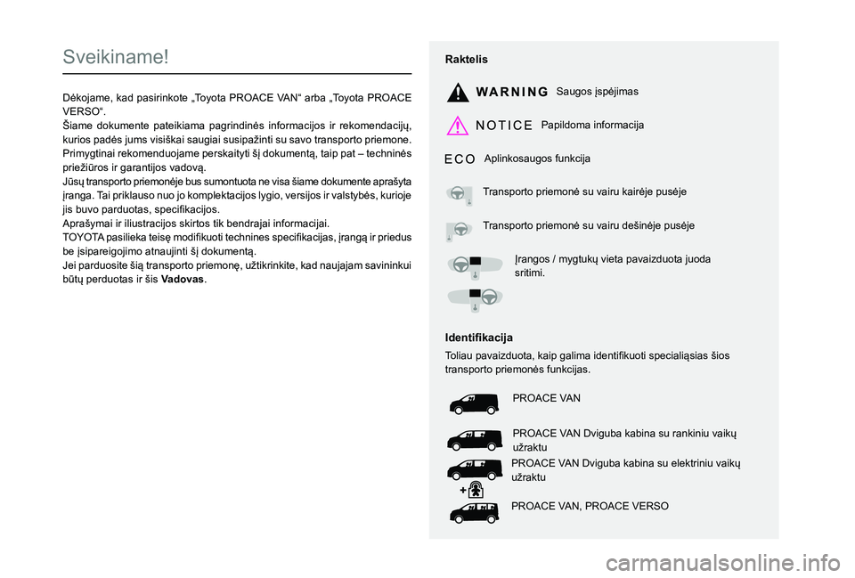 TOYOTA PROACE 2021 Eksploatavimo vadovas (in Lithuanian)
Sveikiname!
002701A1004E0052004D004400500048000F003900E2004C0044005000480003004E005800550033000300B1000300530055004C004800E5004C01CC0055005200560003002 TOYOTA PROACE 2021 Eksploatavimo vadovas (in Lithuanian)
Sveikiname!
002701A1004E0052004D004400500048000F003900E2004C0044005000480003004E005800550033000300B1000300530055004C004800E5004C01CC0055005200560003002