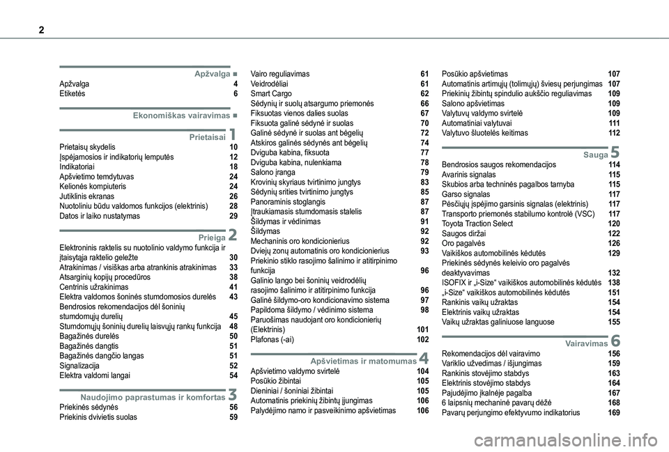 TOYOTA PROACE 2021  Eksploatavimo vadovas (in Lithuanian) 2
  
  
  
  ■ApžvalgaApžvalga   4Etiketės   6
  ■Ekonomiškas vairavimas
 1PrietaisaiPrietaisų skydelis   10Įspėjamosios ir indikatorių lemputės   12Indikatoriai   18Apšvietimo temdy