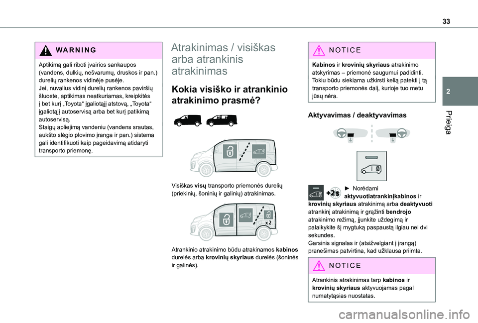 TOYOTA PROACE 2021 Eksploatavimo vadovas (in Lithuanian) 33
Prieiga
2
WARNI NG
Aptikimą gali riboti įvairios sankaupos (vandens, dulkių, nešvarumų, druskos ir pan.) durelių rankenos vidinėje pusėje.Jei, nuvalius vidinį durelių rankenos paviršių TOYOTA PROACE 2021 Eksploatavimo vadovas (in Lithuanian) 33
Prieiga
2
WARNI NG
Aptikimą gali riboti įvairios sankaupos (vandens, dulkių, nešvarumų, druskos ir pan.) durelių rankenos vidinėje pusėje.Jei, nuvalius vidinį durelių rankenos paviršių