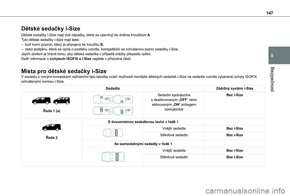 TOYOTA PROACE 2021 Návod na použití (in Czech) 147
Bezpečnost
5
Dětské sedačky i-Size
Dětské sedačky i-Size mají dvě západky, které se upevňují ke dvěma kroužkům A.Tyto dětské sedačky i-Size mají také:– buď horní popruh, k TOYOTA PROACE 2021 Návod na použití (in Czech) 147
Bezpečnost
5
Dětské sedačky i-Size
Dětské sedačky i-Size mají dvě západky, které se upevňují ke dvěma kroužkům A.Tyto dětské sedačky i-Size mají také:– buď horní popruh, k