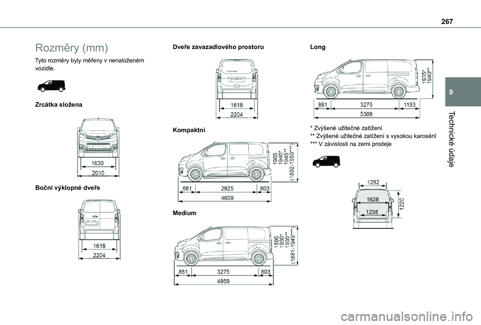 TOYOTA PROACE 2021  Návod na použití (in Czech) 267
Technické údaje
9
Rozměry (mm)
Tyto rozměry byly měřeny v nenaloženém vozidle. 
 
Zrcátka složena 
 
Boční výklopné dveře 
 
Dveře zavazadlového prostoru 
 
Kompaktní 
 
Medium 
