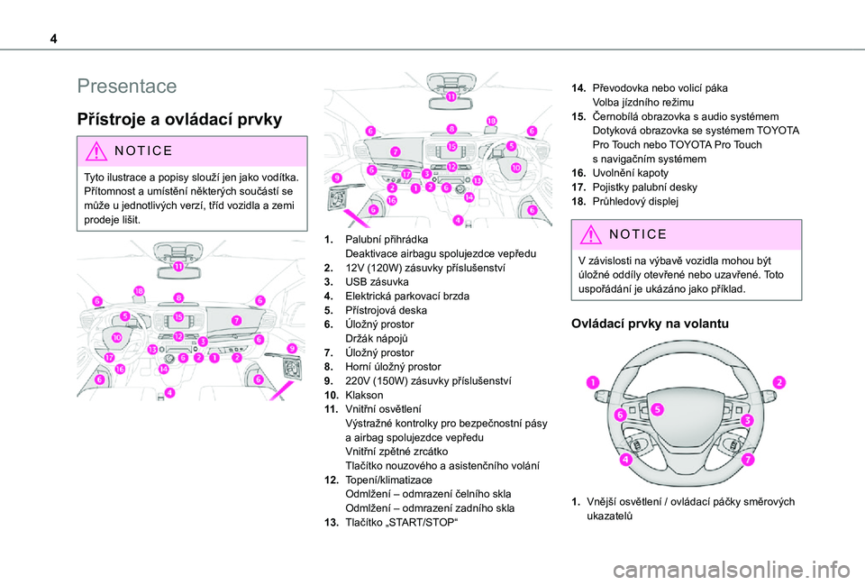 TOYOTA PROACE 2021  Návod na použití (in Czech) 4
Presentace
Přístroje a ovládací prvky
NOTIC E
Tyto ilustrace a popisy slouží jen jako vodítka. Přítomnost a umístění některých součástí se může u jednotlivých verzí, tříd vozi