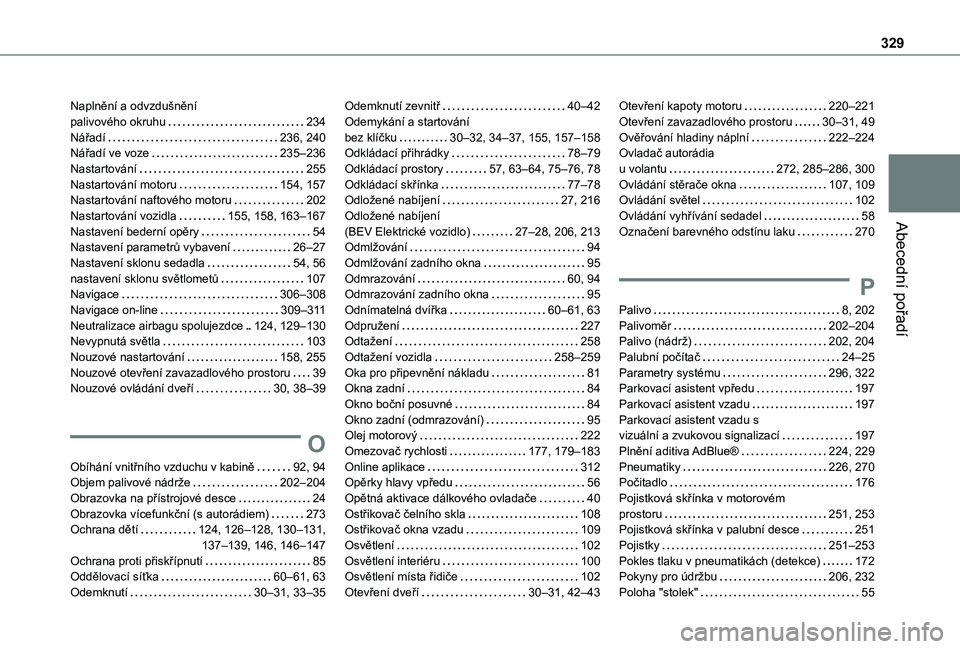 TOYOTA PROACE 2021 Návod na použití (in Czech) 329
Abecední pořadí
Naplnění a odvzdušnění palivového okruhu 234Nářadí 236, 240Nářadí ve voze 235–236Nastartování 255Nastartování motoru 154, 157Nastartování naftové TOYOTA PROACE 2021 Návod na použití (in Czech) 329
Abecední pořadí
Naplnění a odvzdušnění palivového okruhu 234Nářadí 236, 240Nářadí ve voze 235–236Nastartování 255Nastartování motoru 154, 157Nastartování naftové