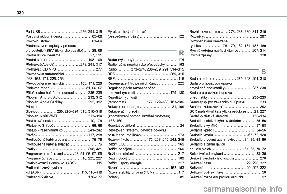TOYOTA PROACE 2021 Návod na použití (in Czech) 330
Port USB 276, 291, 316Posuvná sklopná deska 85–88Pracovní stolek 63–64Přednastavení teploty v prostoru pro cestující (BEV Elektrické vozidlo) 28, 99Přední lavice 2-místná TOYOTA PROACE 2021 Návod na použití (in Czech) 330
Port USB 276, 291, 316Posuvná sklopná deska 85–88Pracovní stolek 63–64Přednastavení teploty v prostoru pro cestující (BEV Elektrické vozidlo) 28, 99Přední lavice 2-místná
