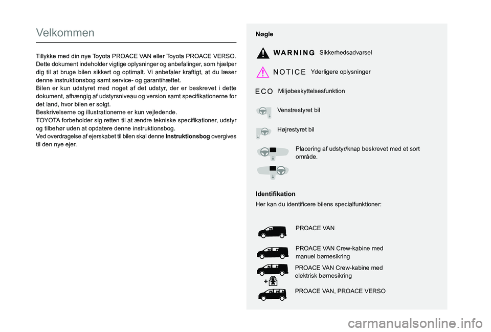 TOYOTA PROACE 2021  Brugsanvisning (in Danish)  
  
 
  
 
  
  
  
  
   
   
 
  
   
   
   
Velkommen
Tillykke med din nye Toyota PROACE VAN eller Toyota PROACE VERSO.Dette dokument indeholder vigtige oplysninger og anbefalinger, som hjælper 