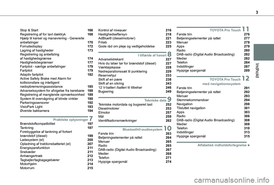 TOYOTA PROACE 2021  Brugsanvisning (in Danish) 3
Indhold
Stop & Start   166Registrering af for lavt dæktryk   168Hjælp til kørsel og manøvrering - Generelle anbefalinger   170Forrudedisplay   172Lagring af hastigheder   173Registrering og anbe
