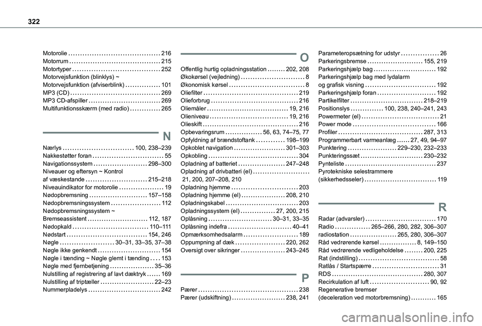 TOYOTA PROACE 2021 Brugsanvisning (in Danish) 322
Motorolie 216Motorrum 215Motortyper 252Motorvejsfunktion (blinklys) ~ Motorvejsfunktion (afviserblink) 101MP3 (CD) 269MP3 CD-afspiller 269Multifunktionsskærm (med radio) 265
N
Nær TOYOTA PROACE 2021 Brugsanvisning (in Danish) 322
Motorolie 216Motorrum 215Motortyper 252Motorvejsfunktion (blinklys) ~ Motorvejsfunktion (afviserblink) 101MP3 (CD) 269MP3 CD-afspiller 269Multifunktionsskærm (med radio) 265
N
Nær