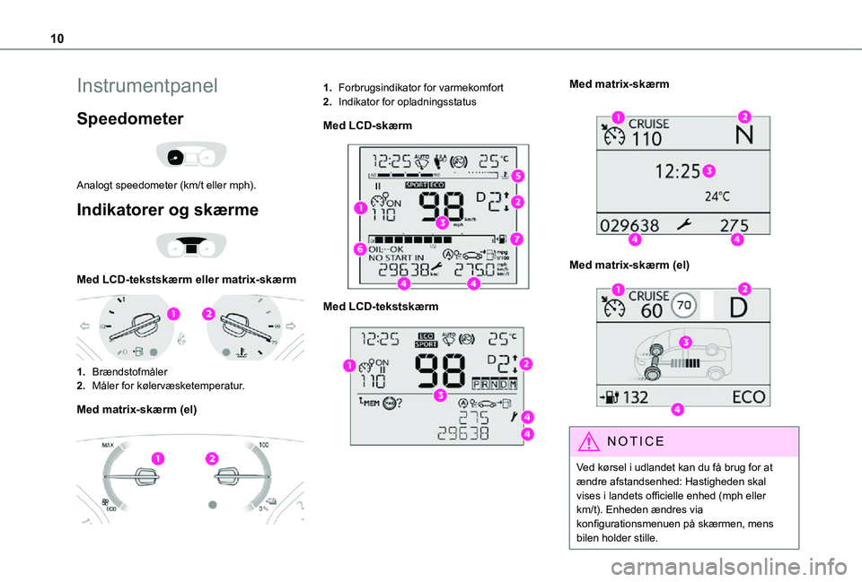 TOYOTA PROACE 2021  Brugsanvisning (in Danish) 10
Instrumentpanel
Speedometer 
 
Analogt speedometer (km/t eller mph).
Indikatorer og skærme 
 
Med LCD-tekstskærm eller matrix-skærm 
 
1.Brændstofmåler
2.Måler for kølervæsketemperatur.
Med