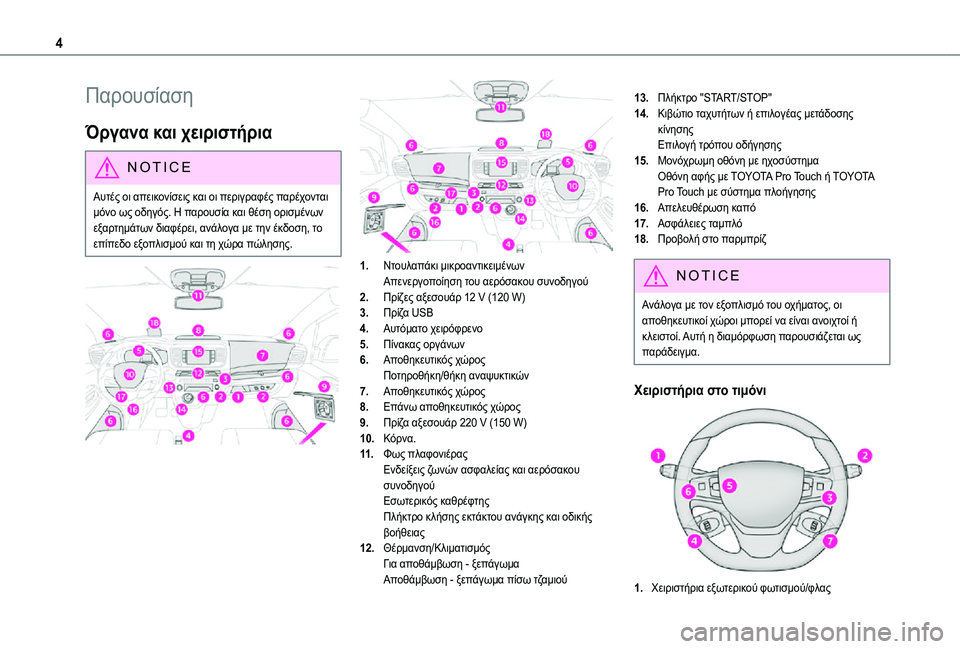 TOYOTA PROACE 2021  ΟΔΗΓΌΣ ΧΡΉΣΗΣ (in Greek) 4
Παρουσίαση
Όργανα και χειριστήρια
NOTIC E
Αυτές οι απεικονίσεις και οι περιγραφές παρέχονται μόνο ως οδηγός. Η 