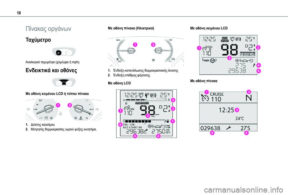 TOYOTA PROACE 2021  ΟΔΗΓΌΣ ΧΡΉΣΗΣ (in Greek) 10
Πίνακας οργάνων
Ταχύμετρο 
 
Αναλογικό ταχυμέτρο (χλμ/ώρα ή mph).
Ενδεικτικά και οθόνες 
 
Με οθόνη κειμένου LCD ή