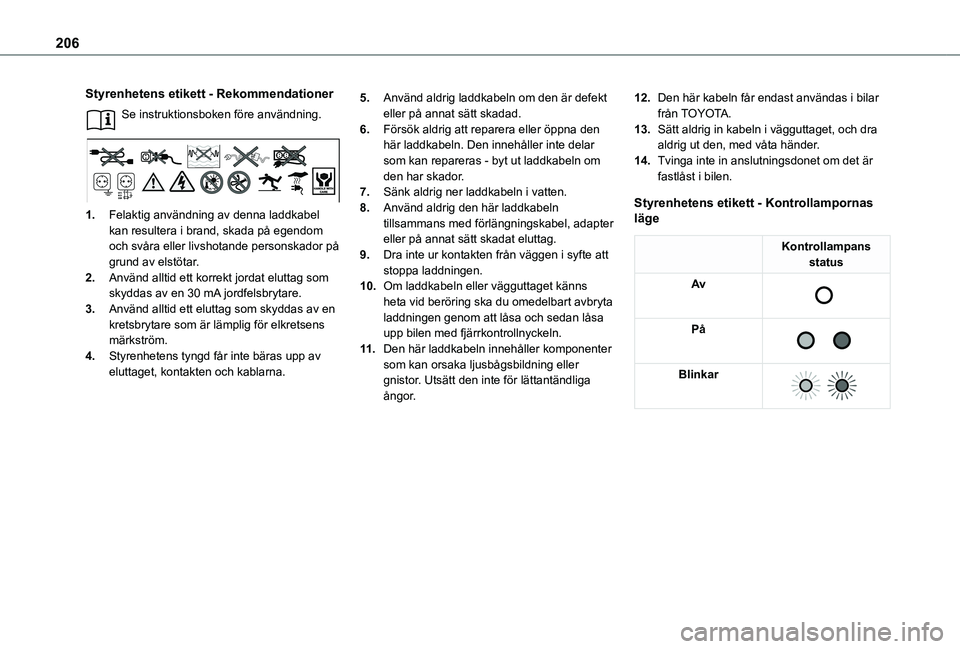 TOYOTA PROACE 2021 Bruksanvisningar (in Swedish) 206
Styrenhetens etikett - Rekommendationer
Se instruktionsboken före användning.
1.Felaktig användning av denna laddkabel kan resultera i brand, skada på egendom och svåra eller livshotande per TOYOTA PROACE 2021 Bruksanvisningar (in Swedish) 206
Styrenhetens etikett - Rekommendationer
Se instruktionsboken före användning.
1.Felaktig användning av denna laddkabel kan resultera i brand, skada på egendom och svåra eller livshotande per
