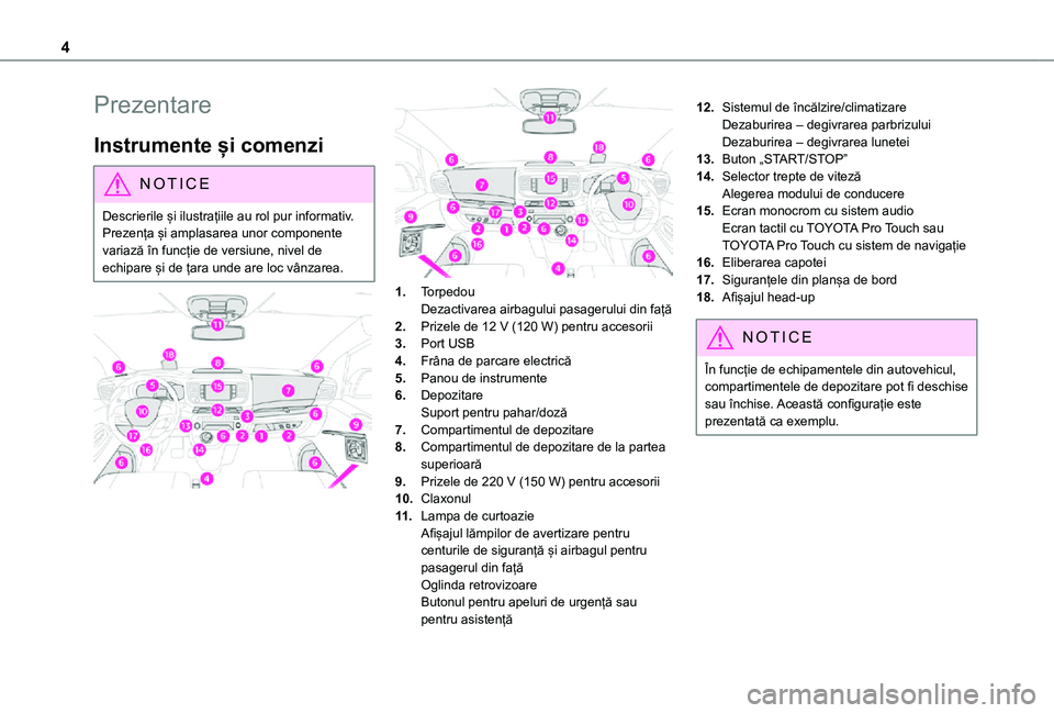 TOYOTA PROACE 2021  Manual de utilizare (in Romanian) 4
Prezentare
Instrumente și comenzi
NOTIC E
Descrierile și ilustrațiile au rol pur informativ. Prezența și amplasarea unor componente variază în funcție de versiune, nivel de 
echipare și de 