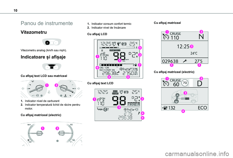 TOYOTA PROACE 2021  Manual de utilizare (in Romanian) 10
Panou de instrumente
Vitezometru 
 
Vitezometru analog (km/h sau mph).
Indicatoare și afișaje 
 
Cu afișaj text LCD sau matriceal 
 
1.Indicator nivel de carburant
2.Indicator temperatură lichi