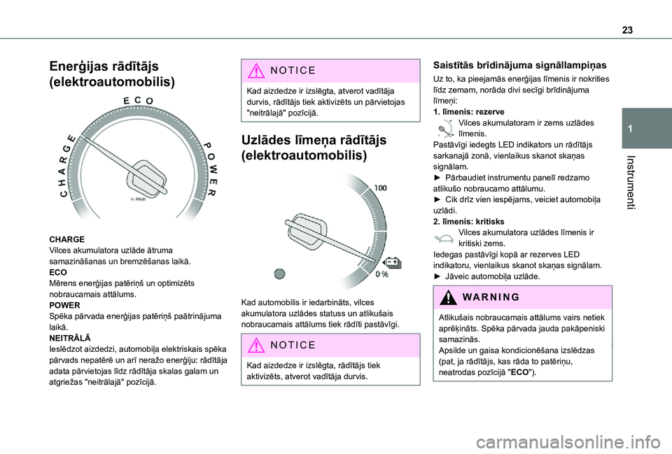TOYOTA PROACE 2021 Lietošanas Instrukcija (in Latvian) 23
Instrumenti
1
Enerģijas rādītājs
(elektroautomobilis)
CHARGEVilces akumulatora uzlāde ātruma samazināšanas un bremzēšanas laikā.ECOMērens enerģijas patēriņš un optimizēts nobra TOYOTA PROACE 2021 Lietošanas Instrukcija (in Latvian) 23
Instrumenti
1
Enerģijas rādītājs
(elektroautomobilis)
CHARGEVilces akumulatora uzlāde ātruma samazināšanas un bremzēšanas laikā.ECOMērens enerģijas patēriņš un optimizēts nobra